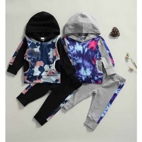 OPPERIAYA Toddler Baby Hooded Sweatshirts Pants Tie-dye Pattern Pocket Decoration Elastic Waist Spring Autumn Cotton Clothing