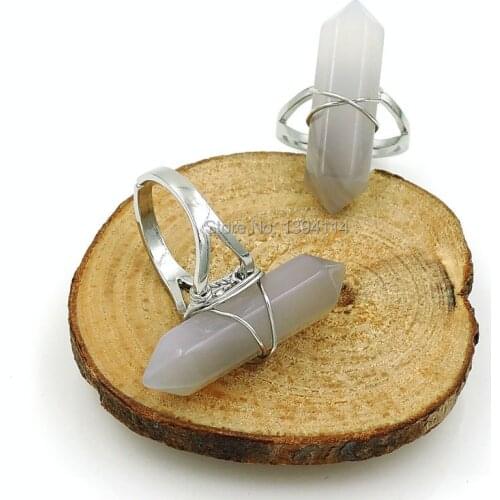 Natural Agat e Hexagonal Column Double Points Ring With Wire Wrapped Of Plating Gold And Silve r Approx 32*9 mm