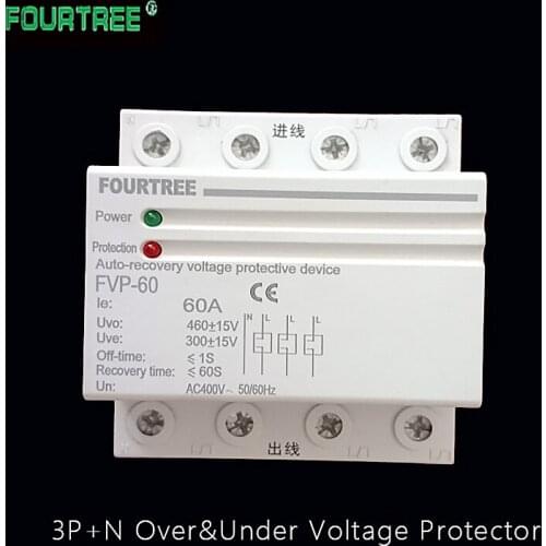 FVP 380V 3P+N Din Rail Self Recovery Automatic Reconnect Over And Under Voltage Protective Device Protection 40A 60A