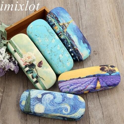 Imixlot New Vintage Oil Painting Style Glasses Case Women Hard Leather Sunglasses Box Men Cute Floral Print Eyewear Protector