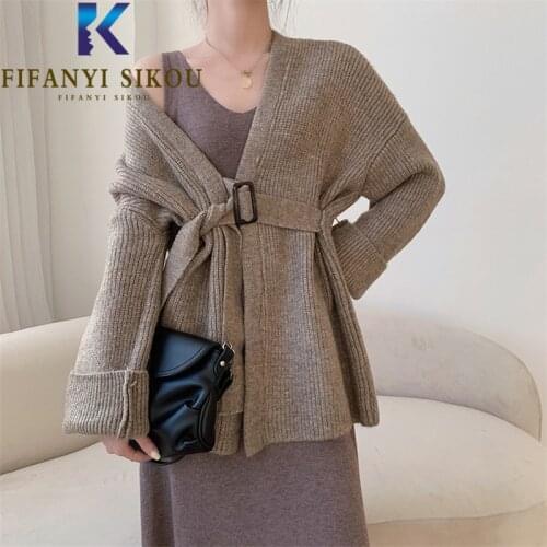 Cardigan Women Knitted Sweater Jacket 2021 New Autumn Winter Thick Warm Knit Coat Fashion Belt V-Neck Loose Sweaters Female