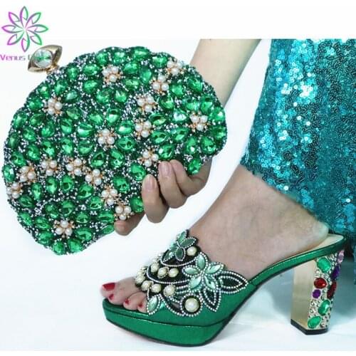 Green Color New Design Nigerian Elegant Shoes And Bag To Match Set African Comfortable Heels Party Shoes And Bag Set For Wedding