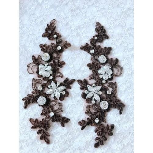 Brown sew on patches lace applique with rhinestones sequins beads 24*9cm for dress clothes skirt