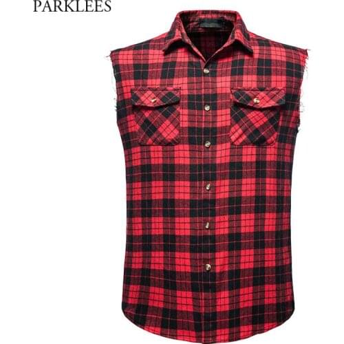 Mens Casual Flannel Plaid Shirt Sleeveless Double Pocket Cowboy Button Down Shirts Men Cotton Plus Size Vest Checkered Top 2XL