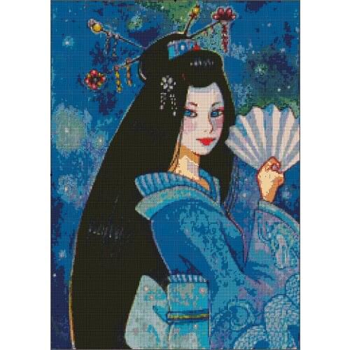 Lady in Blue, Woman with Fan Smile Cross Stitch Kit Top Quality Embroidery Needlework DIY 14CT Canvas Unprinted Decor Handmade