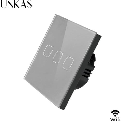 UNKAS Smart Home 3 Gang 1 way Wireless WiFi EU Standard Gray Touch Switch Wall Light Touch Switch,ewelink App Control