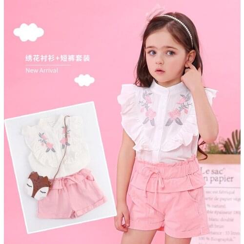 New Clothing Set Pearl Girls Clothes Lovely Long Floral Solid Cotton Lovely Toddler Girl Tops + Pants Girls Suit Kids Clothes