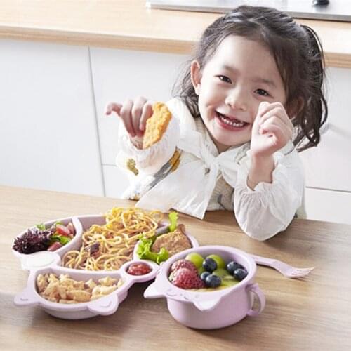 Childrens baby wheat straw cat dinner plate 5-piece set cartoon compartment lunch plate kindergarten drop-proof and environment