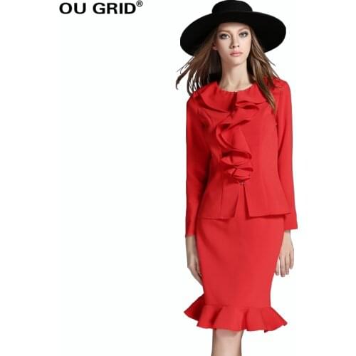 Women Red Ruffle Hem Work Blazers Suits Spring Runway Style blouse+Skirt Formal Set Plus Size office Lady 2 pieces Party Set