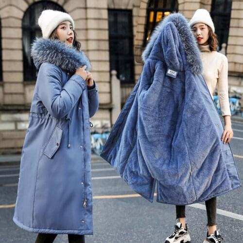 Fashion X-Long Cotton Liner Hooded Parka Women Slim With Fur Collar Warm Winter Jacket Plush Padded Parker Coat Plus Size KW392