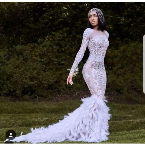 Sexy Nightclub Long evening Big Tail Dress Costume Sparkly Rhinestones Feather Dress Prom Birthday Celebrate Dresses