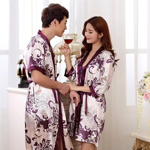 Couple Summer Print Pajamas Men Silk Robe Women Robe Gown Suits Set Robe Couple Satin Bathrobe Silk Kimono