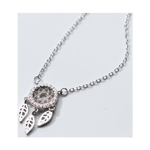 Retro Protective Real. 925 Sterling Silver Jewelry Hollow Leaf Dreamcatcher Drop Tassel Pendants / Necklace Leaf C-D2801
