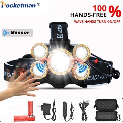 T6 Sensor LED Headlamp Super Bright 50000LM Headlight Zoomable Head Torch Waterproof Head Flashlight Rechargeable 18650 Battery