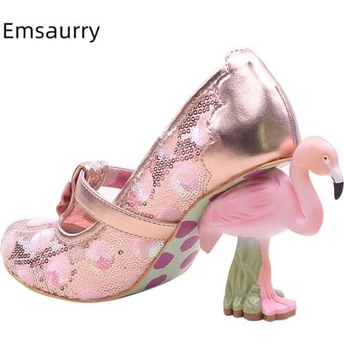 Flamingo High Heel Pumps Women Pink Weding Shoes Bridal Round Toe Slim Shallow Flower Print Bling Sequins Zapatos De Mujer