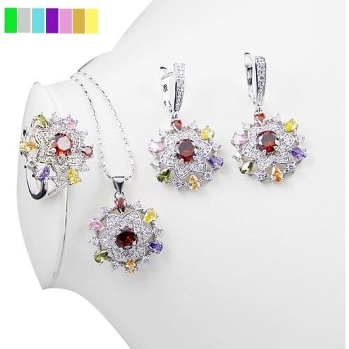 Women Fashion 925 Silver Bridal Jewelry Sets Multicolor AAA Sapphire Topaz Garnet Necklace Earrings Ring