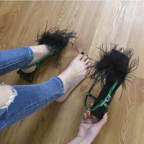 Summer New Brand Women Red Green Feather Synthetic Fur Cheap High Quality Strange Style Heels Buckle Strap Low Heel Sandals