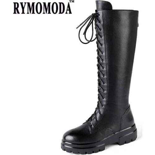 RYMOMODA Knee High Boots Women 2021 Winter Lace Zipper Flat Heel Punk Platform Genuine Leather Long Boots Female Shoes 34-42