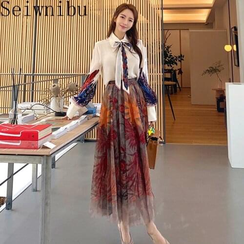 2020 Temperament Bow tie Runway Shirt Top + Flower Print High Waist Long Mesh Skirt two piece set