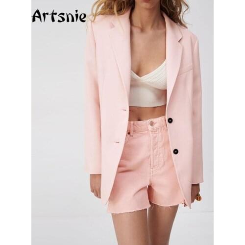 Artsnie Single Breasted Blazer Women Autumn 2021 Notched Long Sleeve Coat Female Pockets Pink Casual Ladies Blazer Jackets