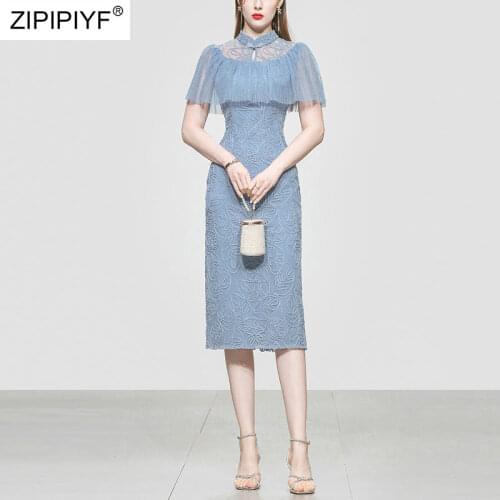 2021 Summer Runway Fashion Vintage Style See Through Embroidery Lace Short Sleeve Solid Color Sexy Elegant Women Dresses Z387