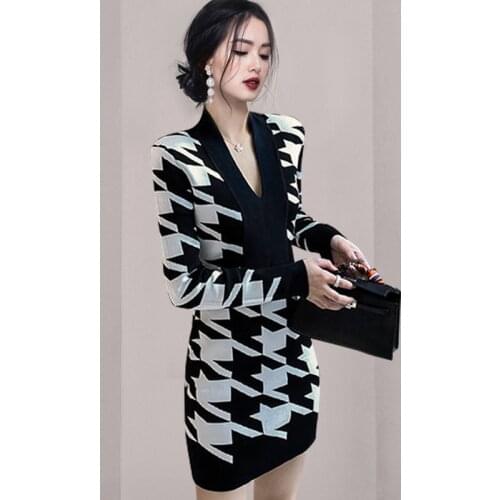 Knitted Dress Women Autumn Winter Sexy V Neck Houndstooth Long Sleeve Plaid High Waist Elegant Bodycon Mini Dresses Vestidos Rop