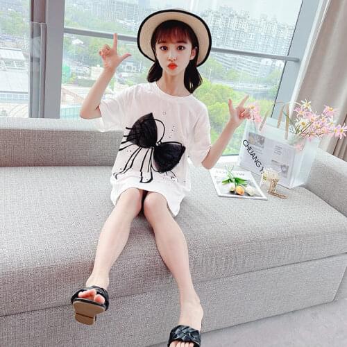 2021 New Girls Summer Fashion Short-Sleeved Big Kids T-Shirt Dress Solid Color Bow Knot Round Neck Cotton Comfortable