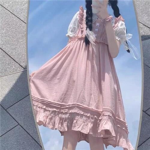 Pink Sweet Lolita Style Dress Women Cute Peter Pan Collar Lace Bow Puff Sleeve Party Mini Dress Female Elegant Princess Dress