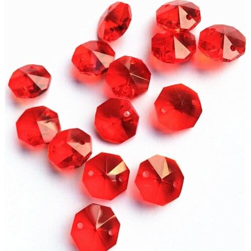 Free Shipping 500pcs/lot 14mm Red Crystal octagon beads in 2 holes For Glass Chandelier Parts Crystal Curtain Beads accessories