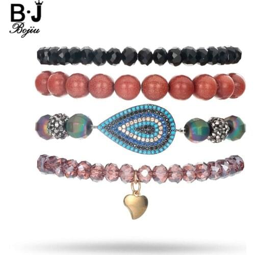 BOJIU 4 Pcs/Set Color Bracelet Sets For Women Purple Black Crystal Bracelet New Hematite Beads Charm Bracelet For Women BCSET83