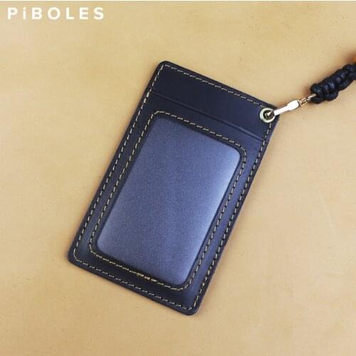 100% Crazy Horse Leather Work Badge Case Handmade Identification Card Bus ID Holders Credit Card Holde Bag With Lanyard Business