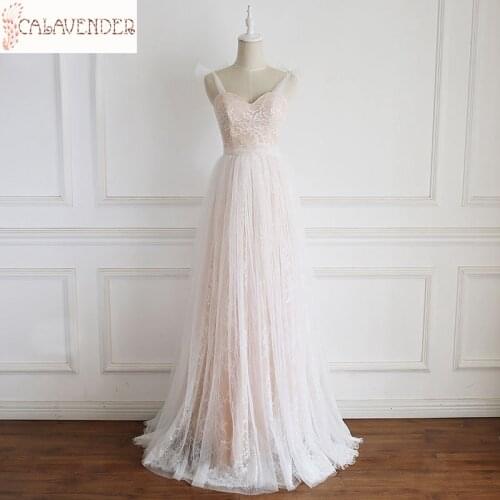 Lace Beach Wedding Dresses A-Line with Champagne Lining robe de soirée de mariage Spaghetti Boho Wedding Gowns Bride Dress
