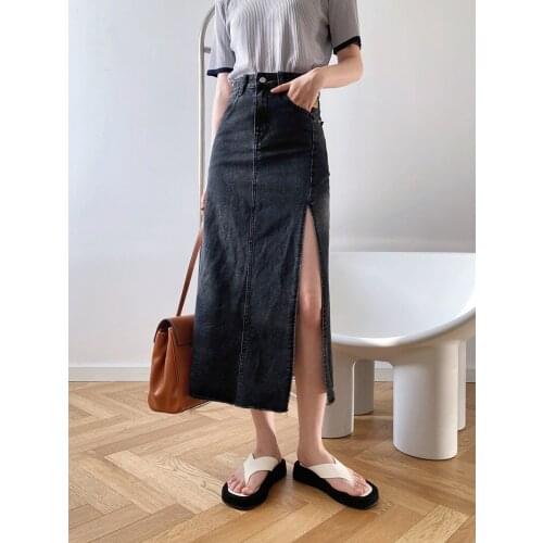 LMQ NEW Women 2021 Summer Split Fork Denim Half Skirt Korean Style Mid-Length Over The Knee High Waist Bare Legs A-Line Skirt