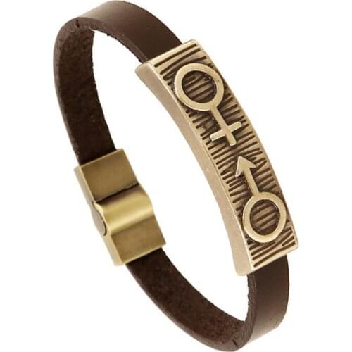 Fashion Vintage Unisex Bracelet Cuff Magnetic Clasp Brown Genuine Leather Lovers Bangle Bronze Charm Wristband Jewelry Men Women