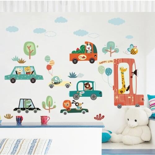 Cartoon Animal Cars Wall Stickers Boy Kids Room Bedroom Living Room Home Decor Aesthetic Nursery Self Adhesive Wallpaper