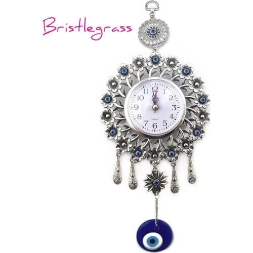 BRISTLEGRASS Turkish Blue Evil Eye Quartz Wall Clock Flower Hanging Pendants Amulets Lucky Charms Blessing Protection Home Decor