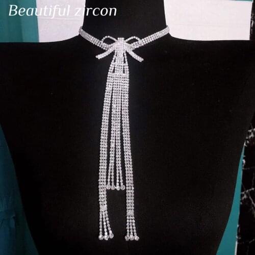 New luxury womens banquet shiny Rhinestone Bow Necklace long Tassel Necklace Jewelry