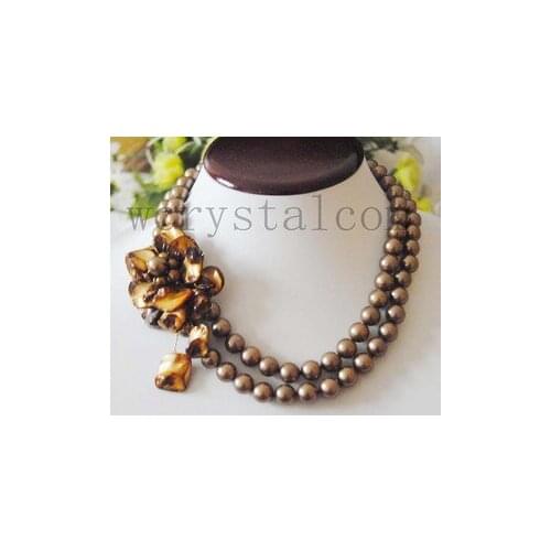 Charming Round Coffee Shell Pearl 10mm Brown Flower Necklace Carved Clasp