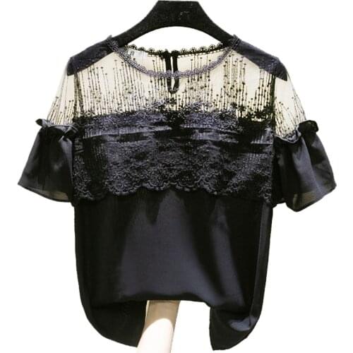 Solid Color Large Mesh Short Sleeve Chiffon T Shirt Women Summer Slim USA Spain Style Sexy Student Lace Tops Black