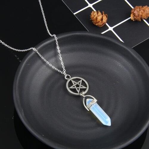 Real Raw Gem Hexagonal Crystal Bullet Long Chain Necklace Sliver Chain Natural Stone Pendant Necklace for Women Fashion Jewelry