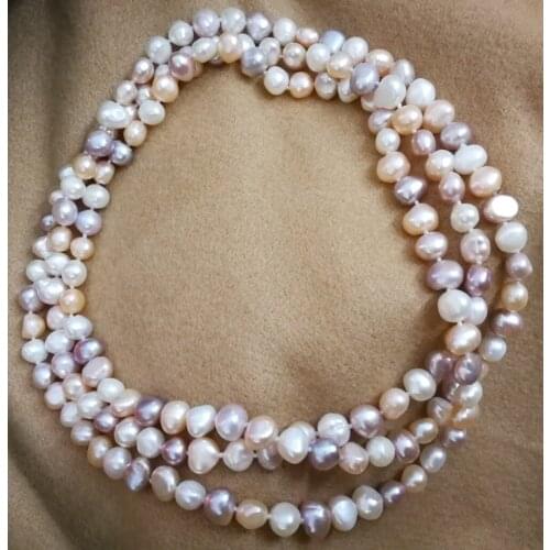 Women Jewelry 160cm 64'' necklace 9mm white pink purple mixed baroque pearl handmade Real cultured freshwater pearl gift
