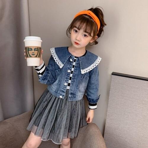 Denim Coat + Long Sleeve Girls Dress 2pcs Girls Clothes 2020 New Spring Fall Fashion Children Clothing Set Kids Suit for Girl