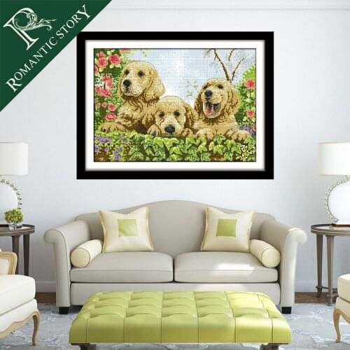 Romantic Story Cuty Golden Dog Home Painting Cross Stitch Handmade Needlework DMC Cross-Stitch Sets For Embroidery Kits
