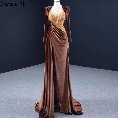Serene Hill Muslim Brown Luxury Evening Gowns 2020 A-Line Beading Elegant Party Wear Dresses For Women DHM67243