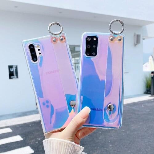 Note 20 Ultra Case Laser Rainbow Wrist Strap Phone Holder Case For Samsung S21 Ultra S20 FE S8 S9 S10 Note 10 Plus Silicon Cover