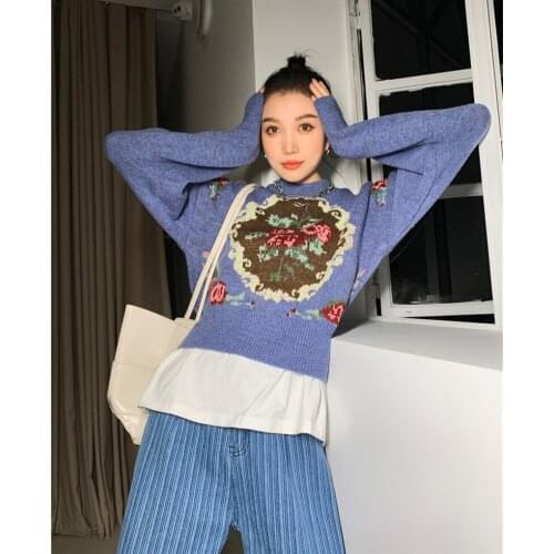 Blue Purple Loose Short Christmas Sweater 2021 Autumn Vintage Rose Flower Thick Pullovers Knitted Sweater Fashion Clothing