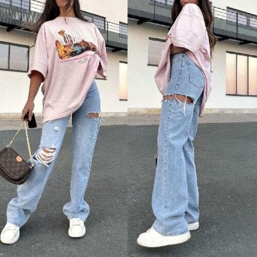 Mid Waist Womens Jeans Summer Hipster Straight Leg Pants Washed Hole Jeans Fashion Vintage Clothes Extended Jeans