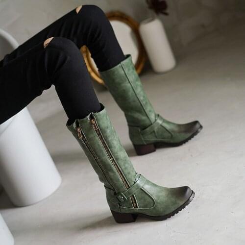 Retro Western Cowgirl Sapato Feminino Overknee Knee High Boots Round Toe Buckle PU Leather long Boots ZIP Winter Cowboy Botas