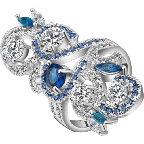 Hyperbolic Blue Austrian Crystal Flower Jewelry Female White Gold Filled Beautiful CZ Large Ring For Women Engagement Accessorie
