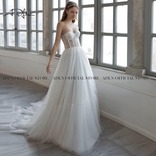 ADLN Sweetheart Beach Wedding Dresses Sweep Train Boho Wedding Gowns Custom Made White Pearls Corset Bride Dress Robe de Mariee